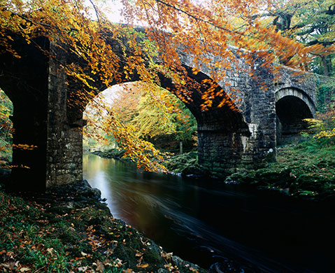 Visit South West: Autumn colours by Holne Bridge over the River Dart in Dartmoor 
