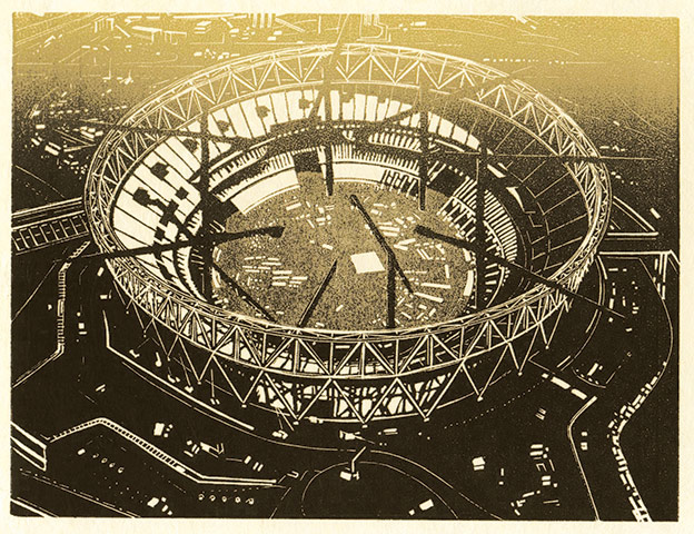 London Lives - longlist: A painting called Olympic Stadium with Cranes II by Anne Desmet