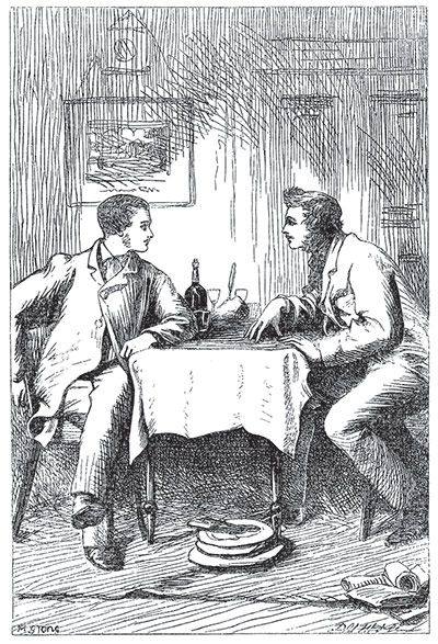 Folio Society | Classics: Pip shares a drink with a friend in a Victorian pub