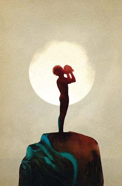 Folio Society | Classics: A boy blows through a shell at dawn in Lord of the Flies