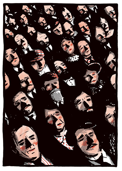 Folio Society | Classics: A crowd gathers outside Gregor's home in Kafka's Metamorphosis