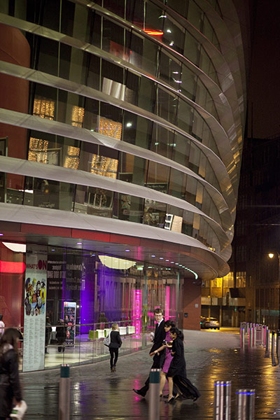 Enjoy England Curve : Curve Theatre's glass facade offers views across the stage and backstage 