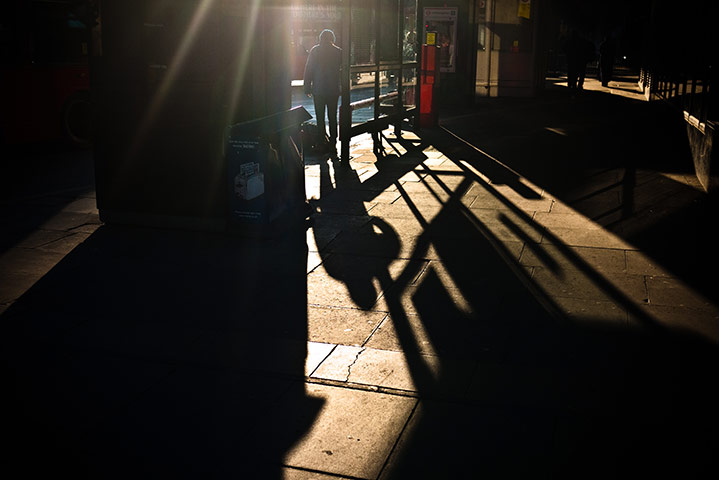 Panasonic East London: A bus stop in sunshine with shadows