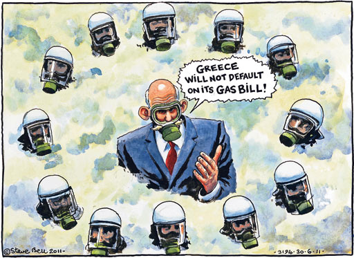 Steve Bell on the riots in Athens after the austerity bill was passed by a narrow margin in the Greek parliament