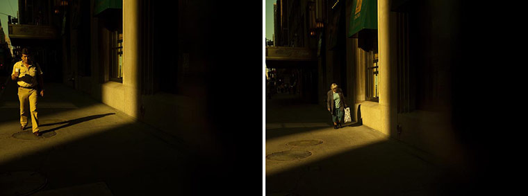 Panasonic G3 | NYC: Morning light highlights man and woman walking with coffee