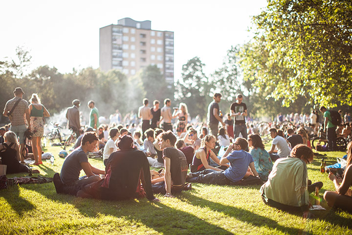Hilton Gallery 1: Crowd of people in London Fields Park, East London
