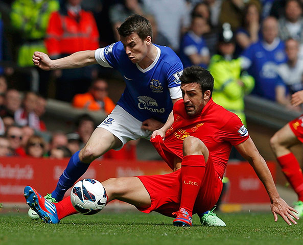 Liverpool v Everton: Everton's Seamus Coleman (L) challenges Liverpool's Jose Enrique during the