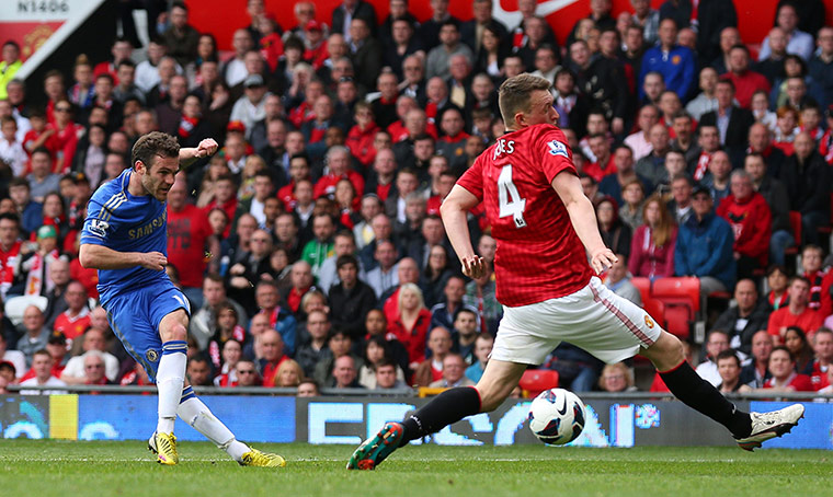 Manchester Utd vs Chelsea: Juan Mata of Chelsea shoots scores the winning goal via a deflection off Ma