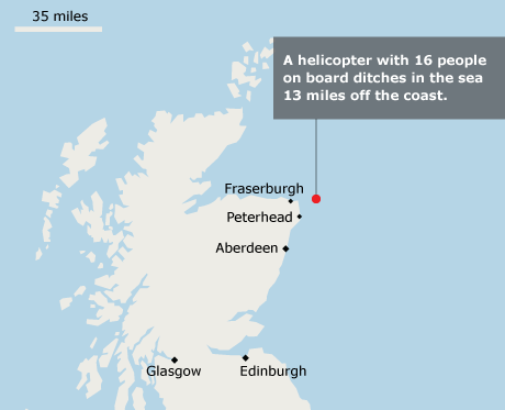 Map - Scotland - helicopter ditches 13 miles off Peterhead