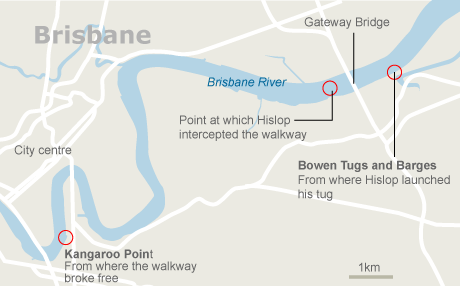 Google Maps Brisbane Floods. Map - Tug saves Gateway Bridge