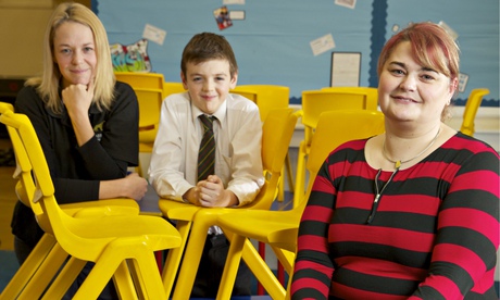 Alison Owen (left) with her son Charlie and Barrowford primary school headteacher Rachel Tomlinson.