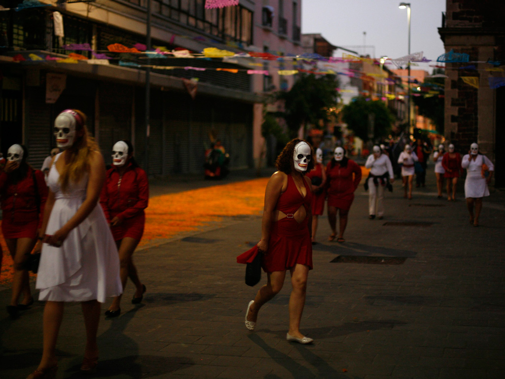 Sex workers wearing skeleton masks gather in Mexico city