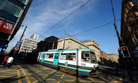 Tram passengers in Manchester city centre