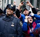 New York Giants fans cheer during the team's NFL football Super Bowl parade
