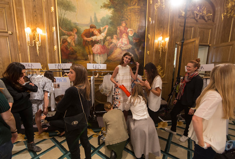 Backstage at the Mulberry fashion show at Claridge's, London. The hotel's ballroom was turned into a