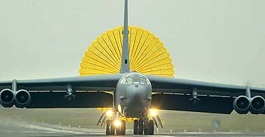 An American B-52 bomber lands at Fairford RAF base in Gloucestershire