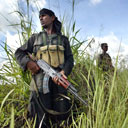 Sri Lankan soldiers stand guard in a rice field near Trincomalee. 