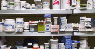 Pharmaceutical drugs on a chemist's shelves