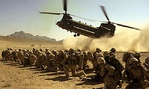 A British helicopter coming in to land in Now Zad, Afghanistan