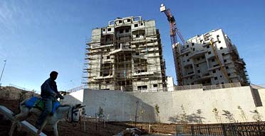 A Palestinian worker rides his donkey past a new settlement bloc in the West Bank