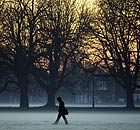 A man walks through early mist on a frosty morning
