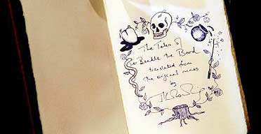 The inside cover of JK Rowling's The Tales of Beedle the Bard
