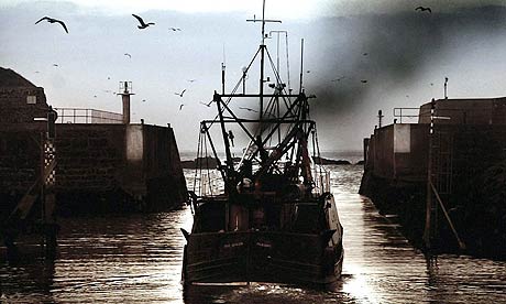 A fishing boat heads out to sea at Eyemouth harbour, in the Scottish Borders