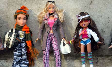 Bratz dolls and a Barbie Doll C are seen at the Dream Toys 2004 exhibition