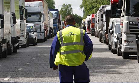 Lorries parked in Edinburgh during a fuel protest