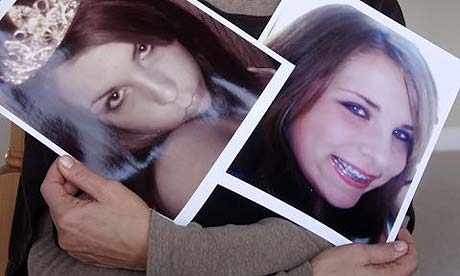 Tina Meier holds two pictures of her daughter Megan who committed suicide last October