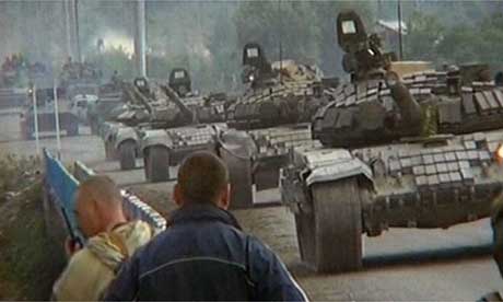 Tanks said to be Russian are shown on television rolling through South Ossetia