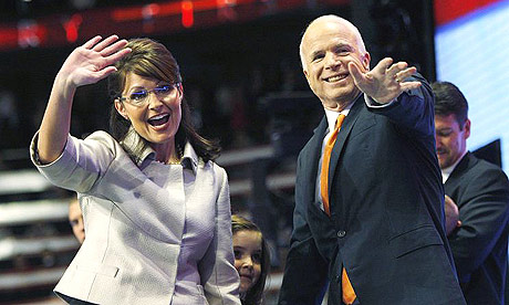 John McCain joins running mate Sarah Palin on stage at the Republican National Convention in St Paul, Minnesota.