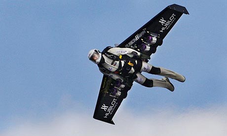 Yves Rossy flying with his jet-propelled wing over the Alps in Bex, Switzerland