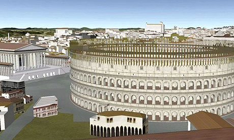 A virtual version of the Colosseum in ancient Rome is shown in part of 