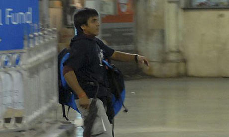 Azam Amir Kasab filmed on CCTV inside the Chhatrapati Shivaji train station in Mumbai