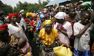 Displaced Congolese who fled to the south east of Rutshuru wait for aid in Ntamugenga, eastern Congo