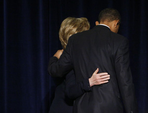 Barack Obama and Hillary Clinton leave a press conference together