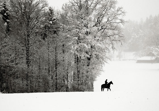Gallery 24 hours in pictures : An equestrian enjoys a ride in the snow-covered landscape