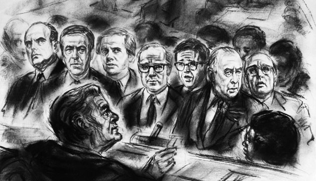 Gallery deepthroat dies : Watergate case court drawing 