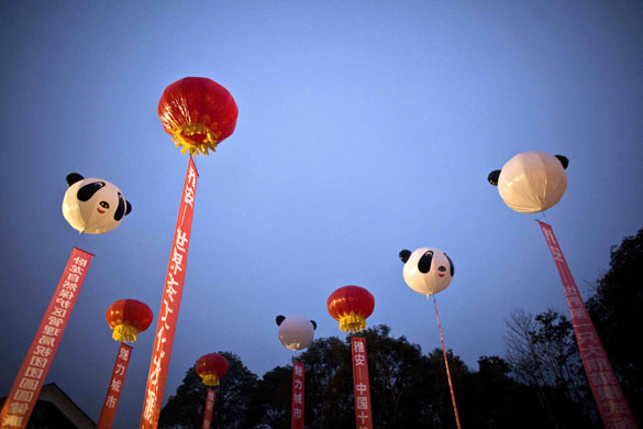 Balloons decorate the sky during a ceremony in Yaan marking the delivery of two panda bears