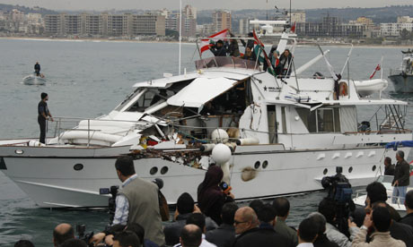 The damaged Free Gaza boat Dignity arrives in Lebanon after its encounter with the Israeli navy. Photograph: Ali Hashisho/Reuters