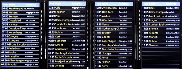 Gallery Stansted protest: An arrivals information board shows flight cancellations