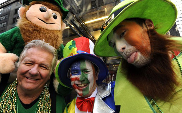 A group of people celebrate the festivities during New York's St Patrick's Day parade