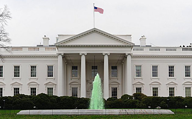 The fountain on the north side of the White House is dyed green for St Patrick's Day 