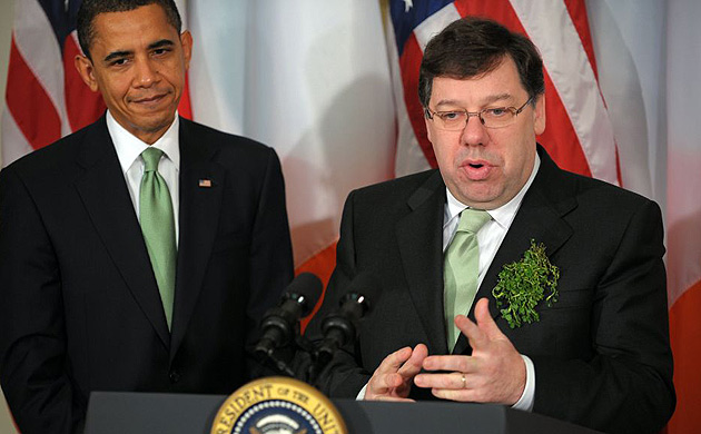 Barack Obama and Irish prime minister Brian Cowen take part in a shamrock ceremony in the White House on St Patrick's Day.