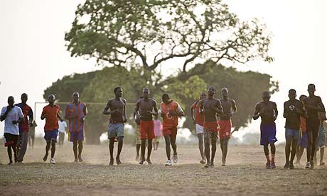 The Katine Actors football team in training at the Katine primary school field