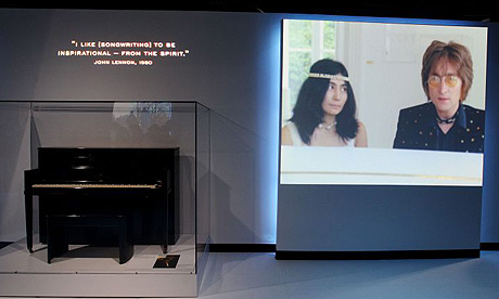 John Lennon's Steinway piano is on display at an exhibition at the New York annex of the Rock and Roll Hall of Fame