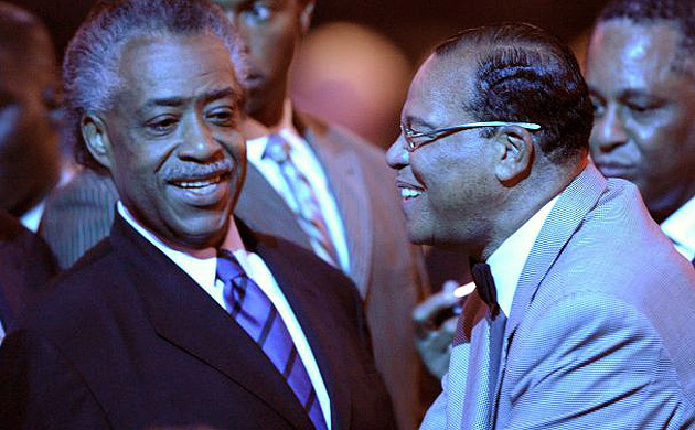 The Rev Al Sharpton, left, and the Louis Farrakhan, leader of the Nation of Islam, arrive for Michael Jackson's memorial service 