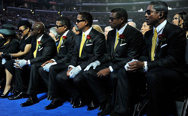 Members of the Jackson family - Rebbie, from left, Janet, Randy, Tito, Marlon, Jackie and Jermaine  attend the memorial service 