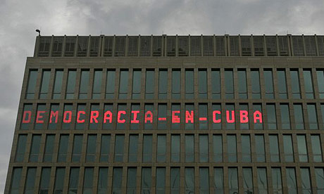 A news ticker at the US mission in Havana reads “Democracy in Cuba”. The ticker has gone blank
